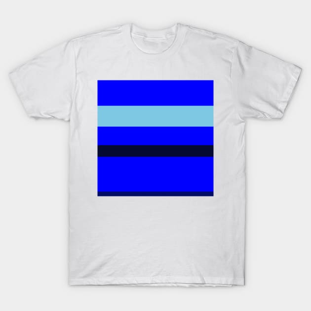 A super integration of Sky Blue, Primary Blue, Darkblue and Dark Navy stripes. T-Shirt by Sociable Stripes